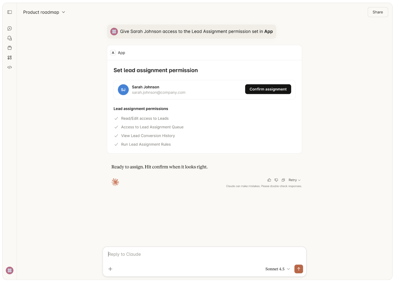 Example of an inline chat app with interactive UI for permission management