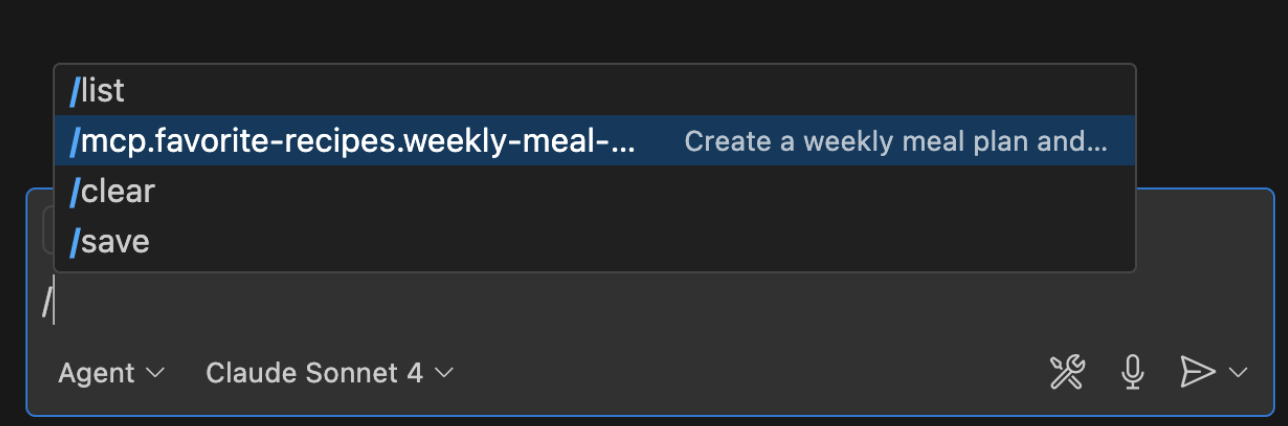MCP prompts list showing available automation commands