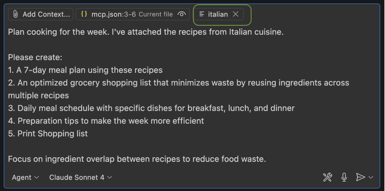 VS Code showing the rendered prompt with attached recipe resources